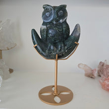 Load image into Gallery viewer, Moss Agate Owl on Moon
