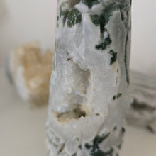 Load image into Gallery viewer, Moss Agate Owl in Tree Stump
