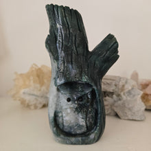 Load image into Gallery viewer, Moss Agate Owl in Tree Stump
