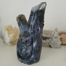 Load image into Gallery viewer, Moss Agate Owl in Tree Stump
