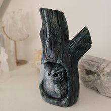 Load image into Gallery viewer, Moss Agate Owl in Tree Stump
