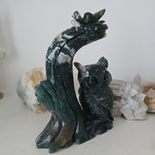 Load image into Gallery viewer, Moss Agate Owl Tree Branch with Butterfly

