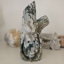 Load image into Gallery viewer, Moss Agate Owl in Tree Stump
