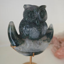 Load image into Gallery viewer, Moss Agate Owl on Moon

