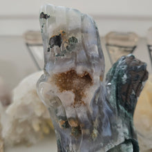 Load image into Gallery viewer, Moss Agate Owl in Tree Stump
