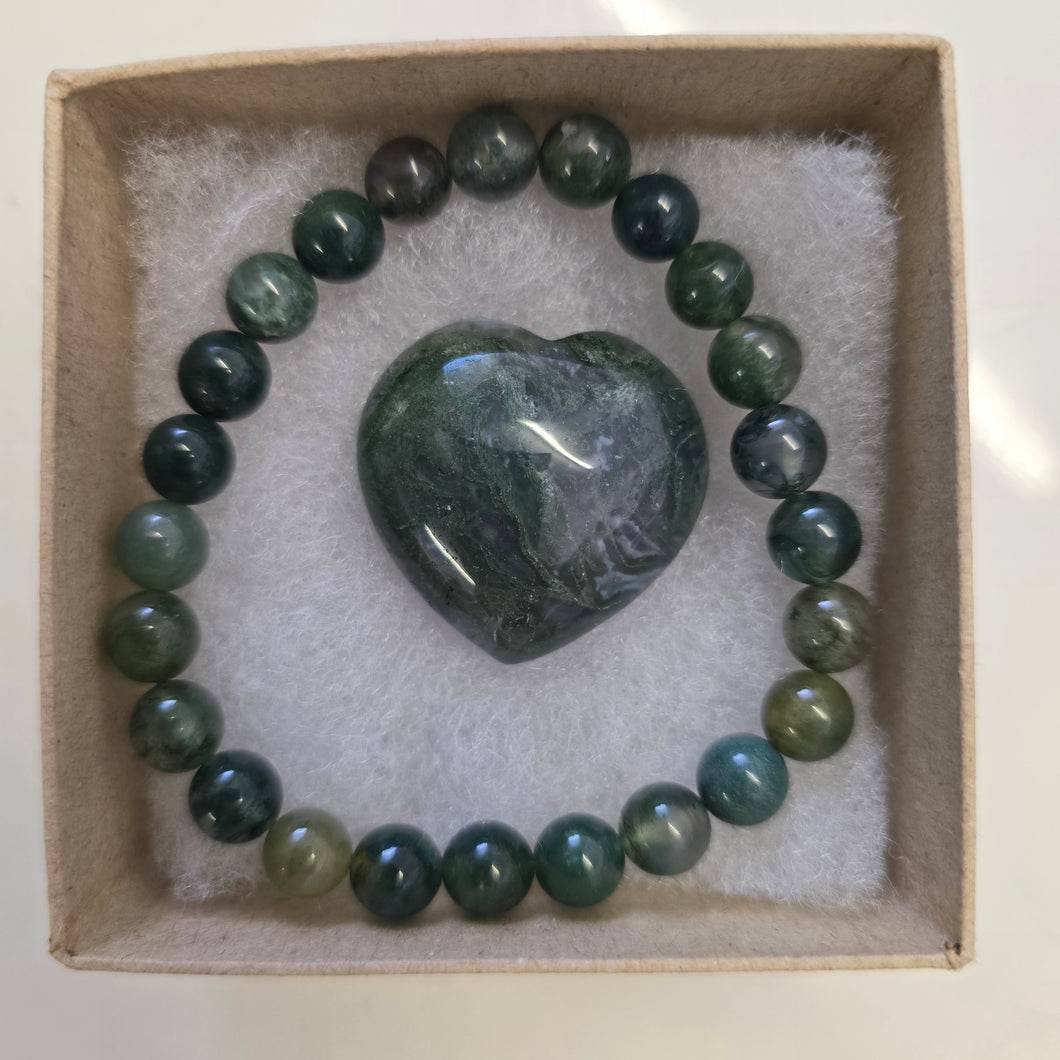 Moss Agate Bracelet and Heart Boxset