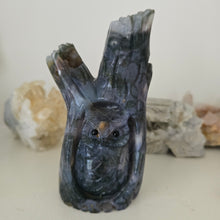 Load image into Gallery viewer, Moss Agate Owl in Tree Stump
