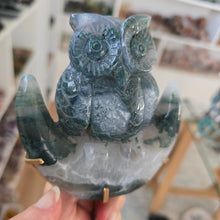 Load image into Gallery viewer, Moss Agate Owl on Moon
