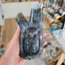 Load image into Gallery viewer, Moss Agate Owl in Tree Stump
