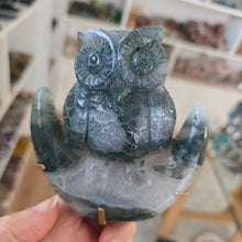 Load image into Gallery viewer, Moss Agate Owl on Moon
