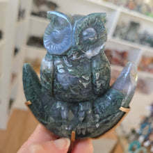 Load image into Gallery viewer, Moss Agate Owl on Moon
