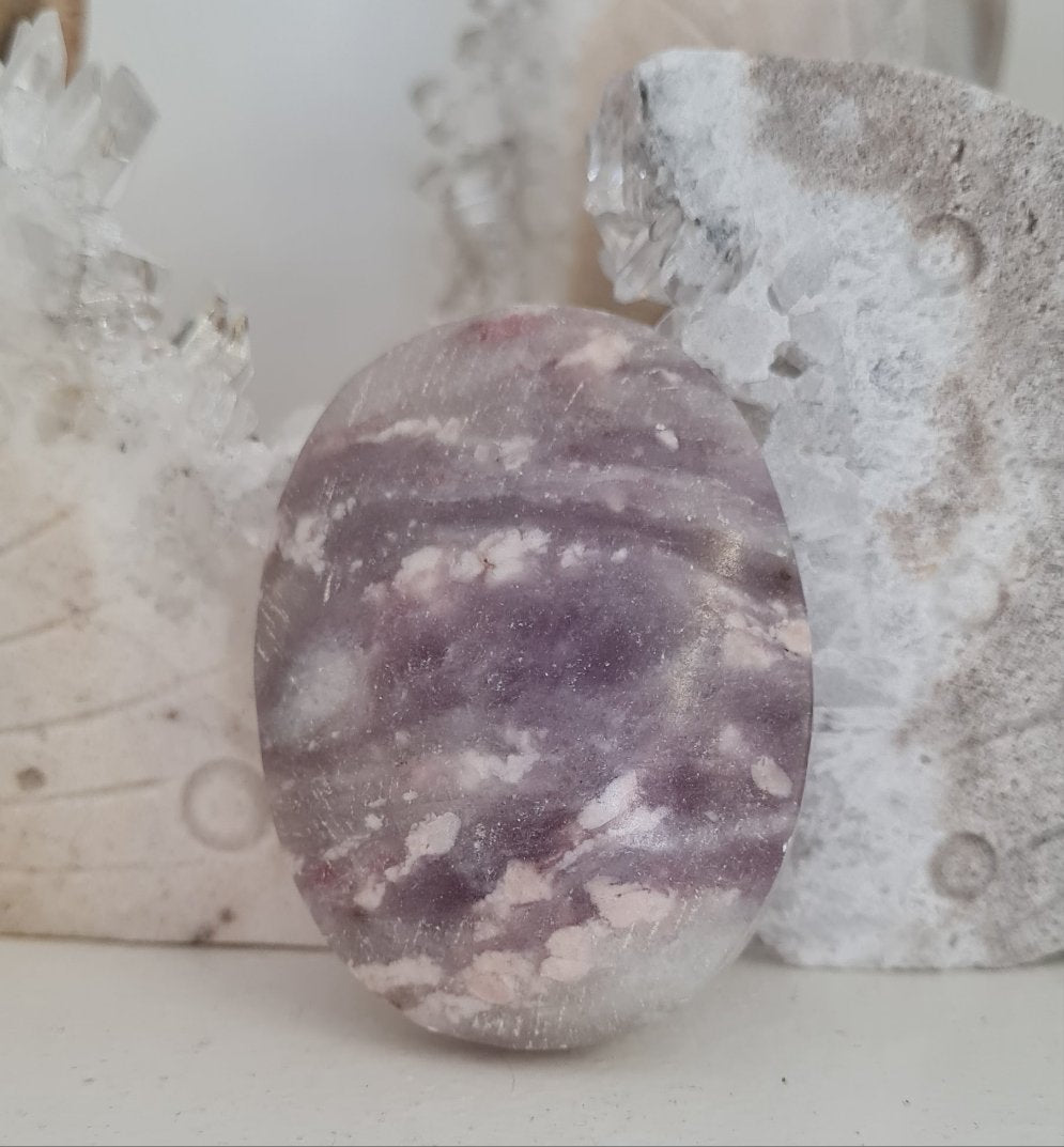 Pink Tourmaline in Quartz and Lepidolite Palmstone