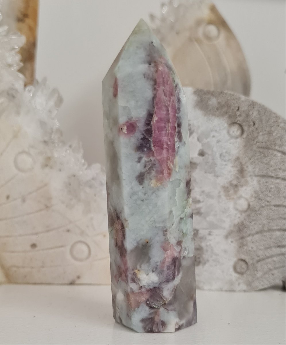 Pink Tourmaline and Lepidolite in Quartz Obelisk