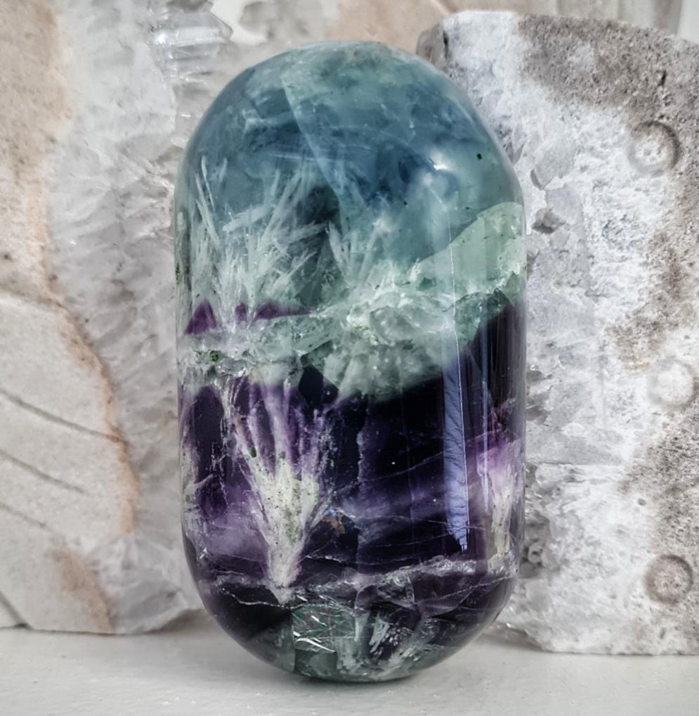 Feather Fluorite Palmstone with Rainbows