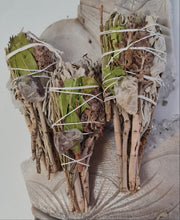 Load image into Gallery viewer, Smudge Stick - White Sage, Mitron Leaves, Rosemary and Quartz

