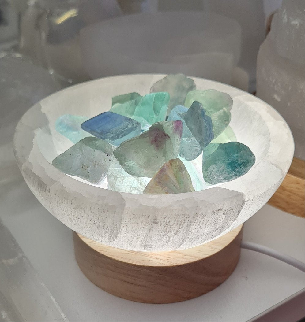 Selenite Cleansing Bowl with Green Fluorite Lamp