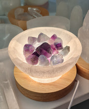 Load image into Gallery viewer, Selenite Cleansing Bowl with Rainbow Fluorite Lamp
