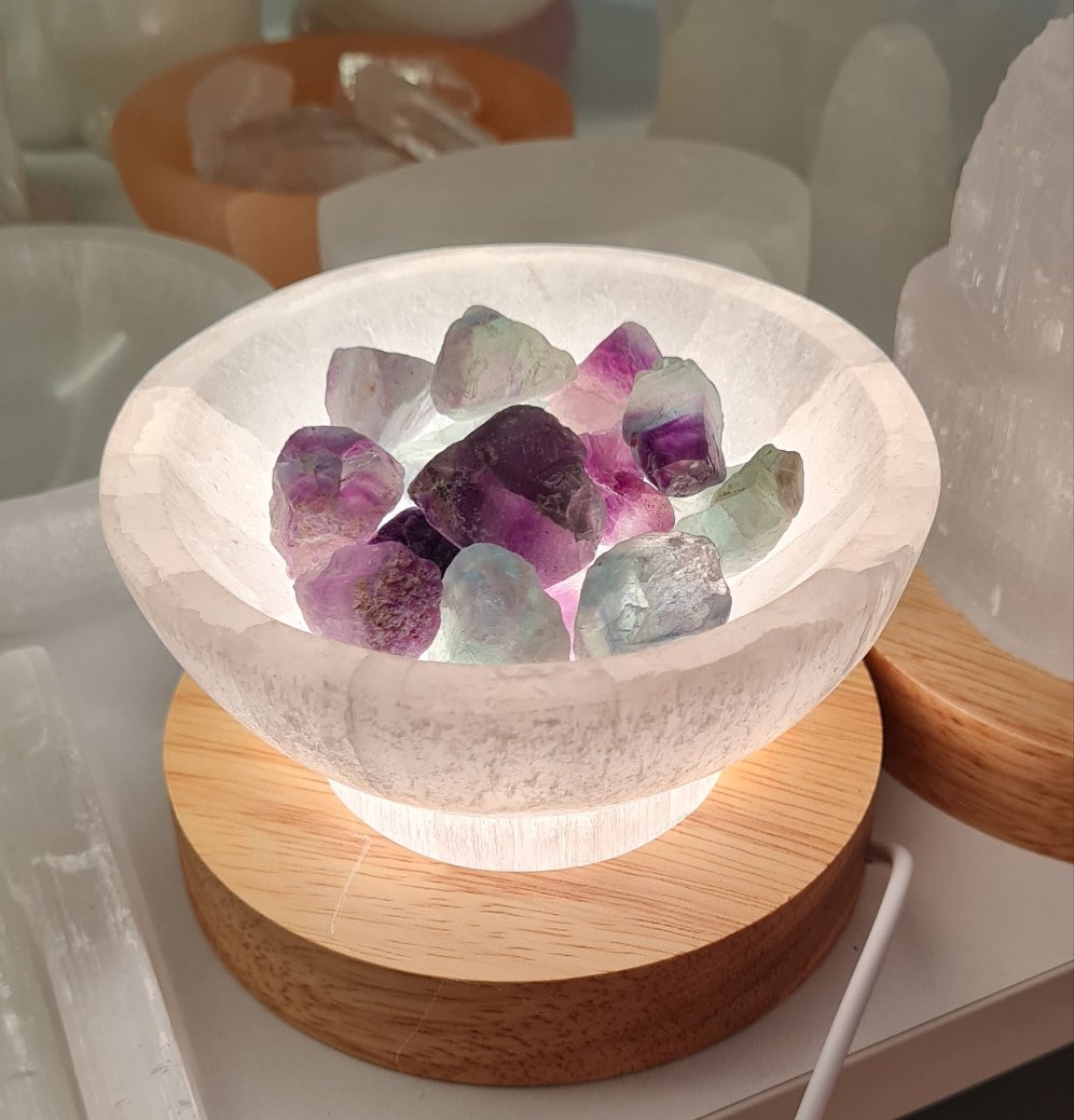 Selenite Cleansing Bowl with Rainbow Fluorite Lamp