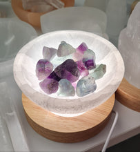 Load image into Gallery viewer, Selenite Cleansing Bowl with Rainbow Fluorite Lamp
