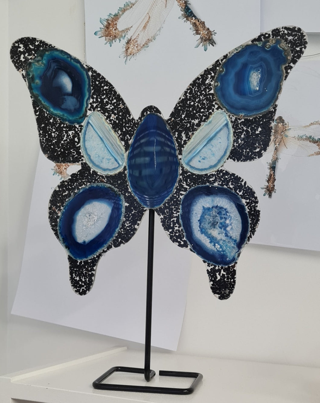 Blue Agate Slice Butterfly - Black Tourmaline Chips